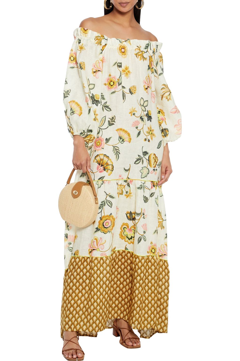 ANJUNA Loretta bow-detailed ruffle-trimmed floral-print flax maxi dress