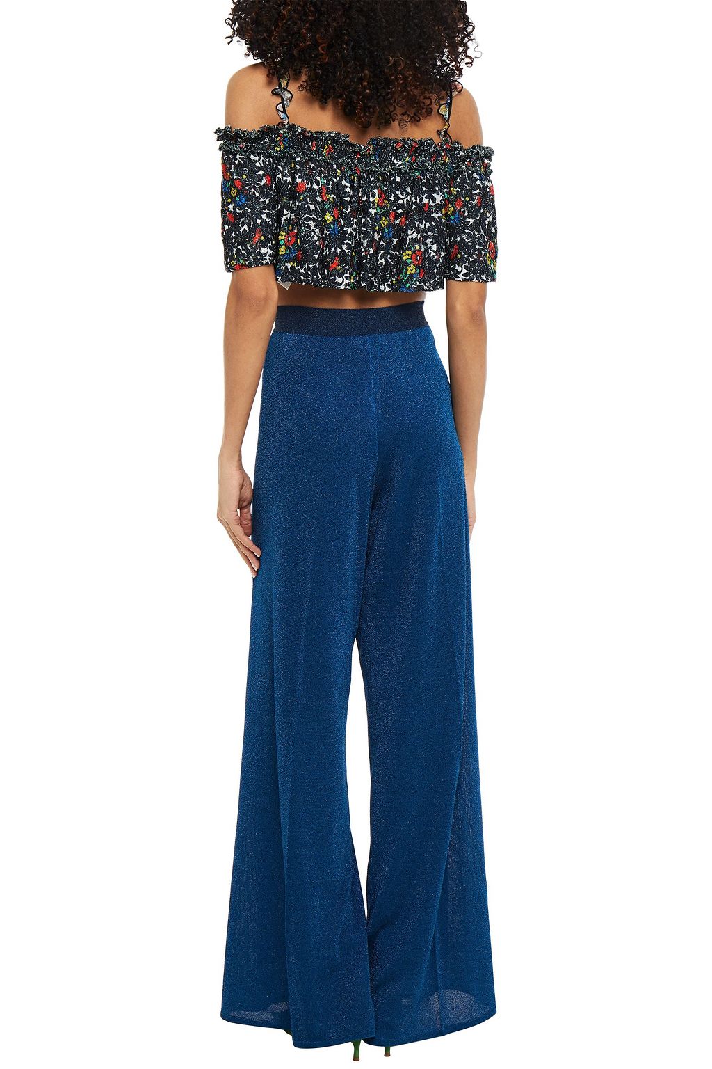 MISSONI Cropped cold-shoulder floral-print metallic crochet-knit top