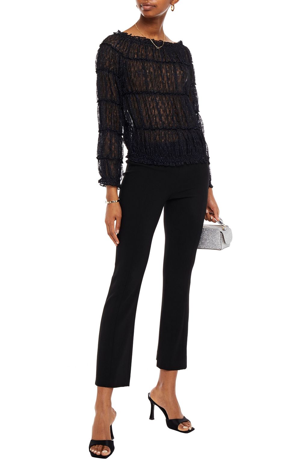 MISSONI Off-the-shoulder shirred metallic crochet-knit top
