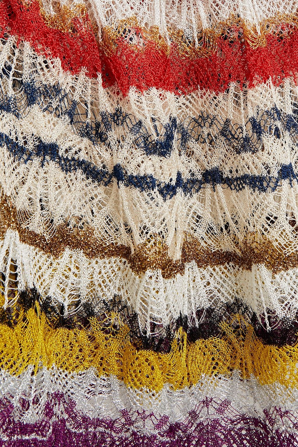 MISSONI Cropped cold-shoulder metallic striped crochet-knit top