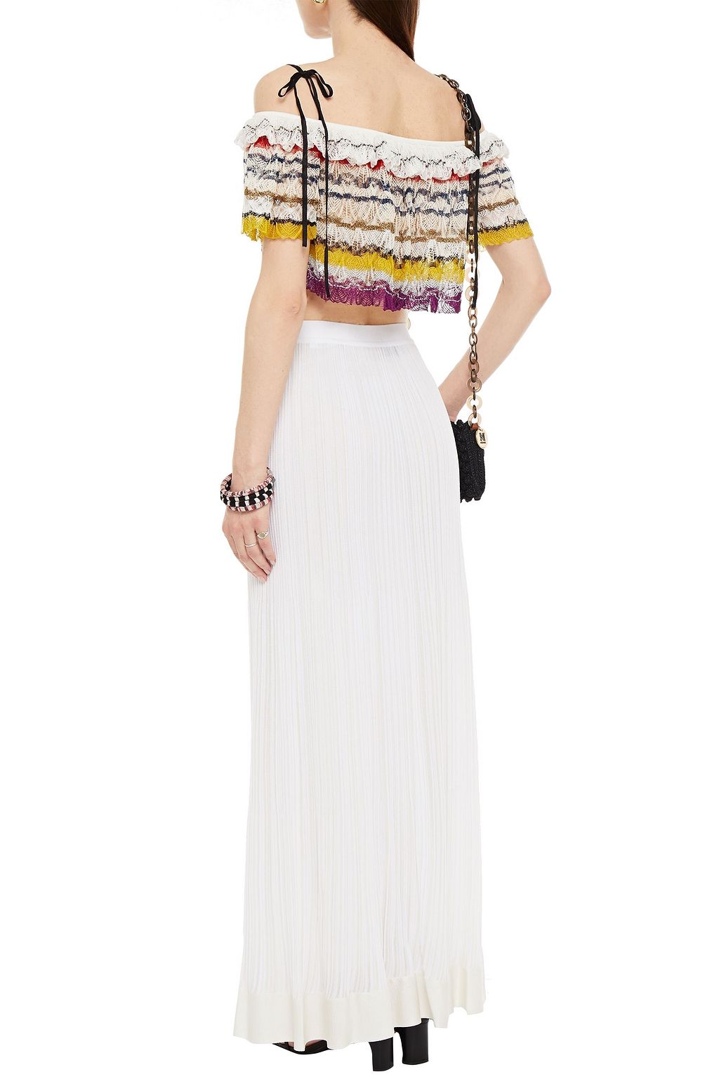 MISSONI Cropped cold-shoulder metallic striped crochet-knit top