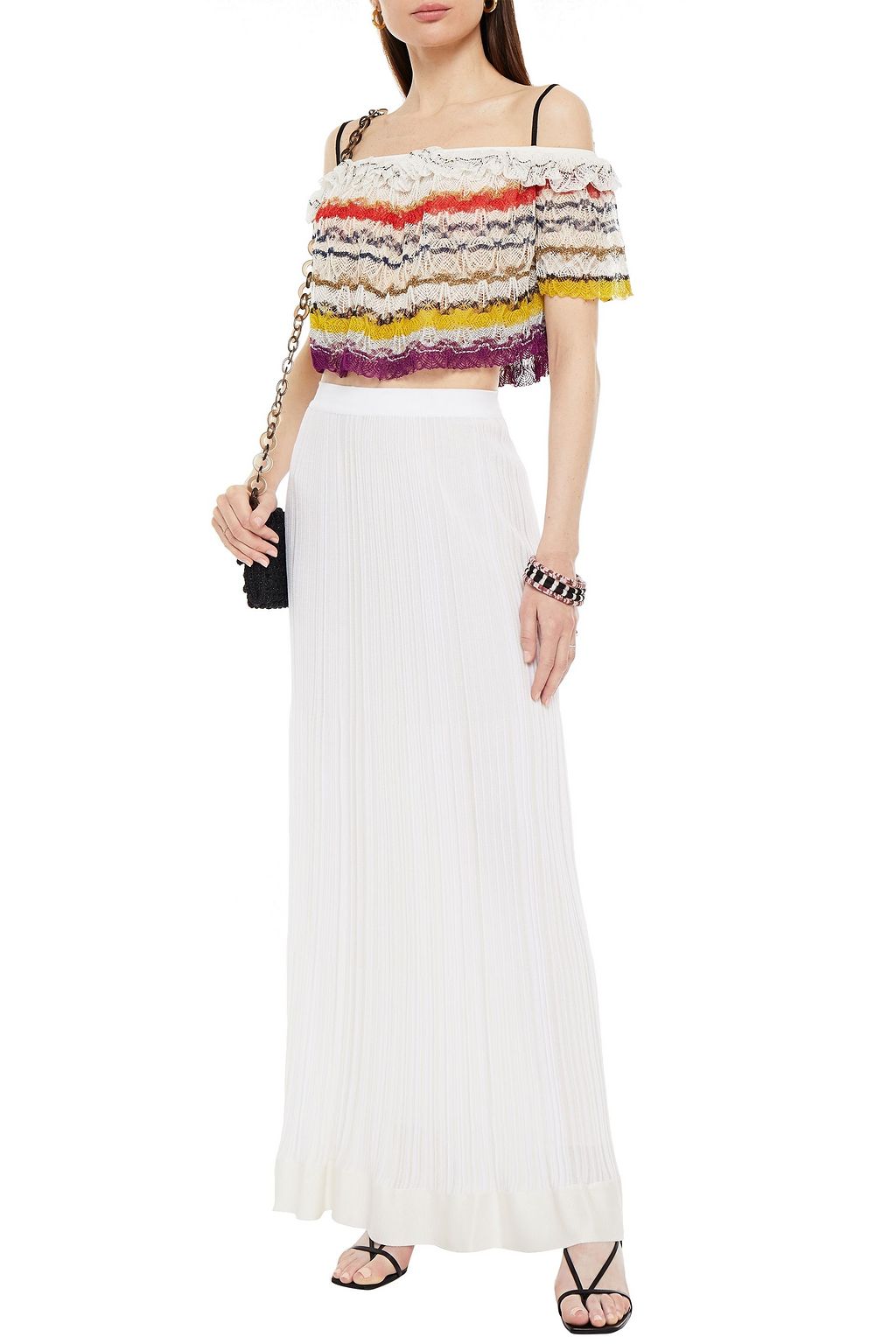 MISSONI Cropped cold-shoulder metallic striped crochet-knit top