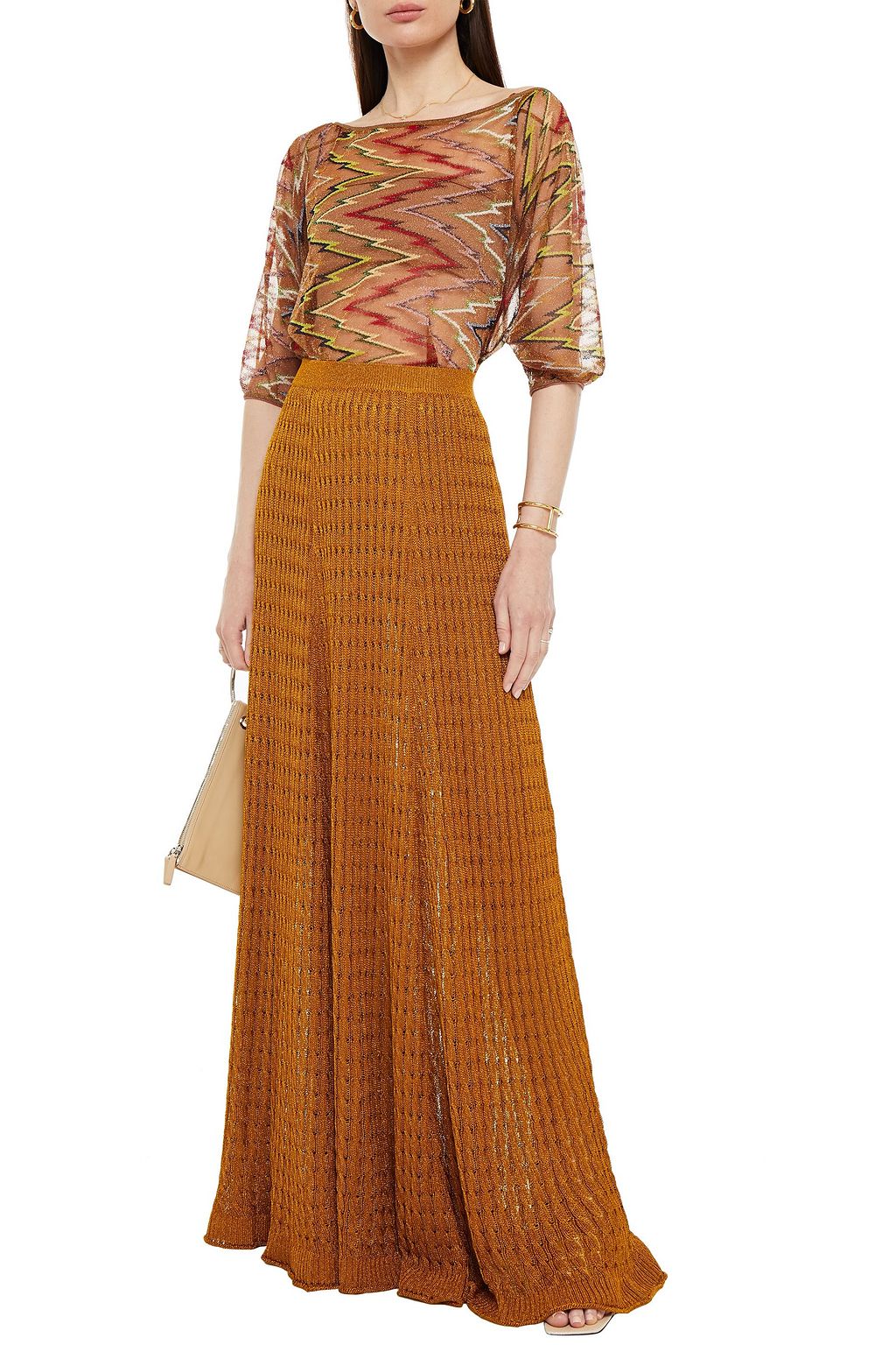 MISSONI Cold-shoulder metallic crochet-knit cupro-blend top