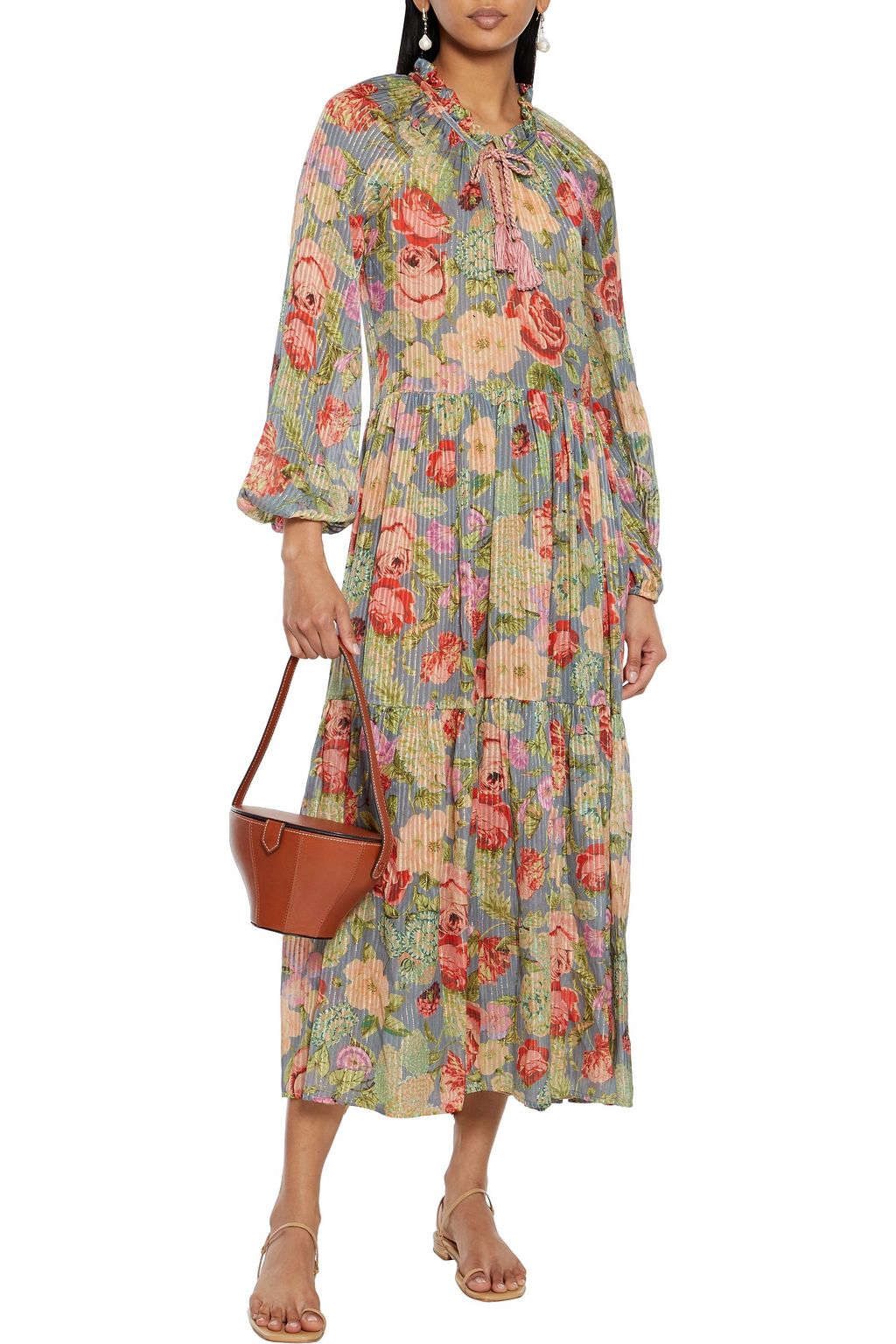 ANJUNA Lorella tiered floral-print burnout metallic silk-blend midi dress