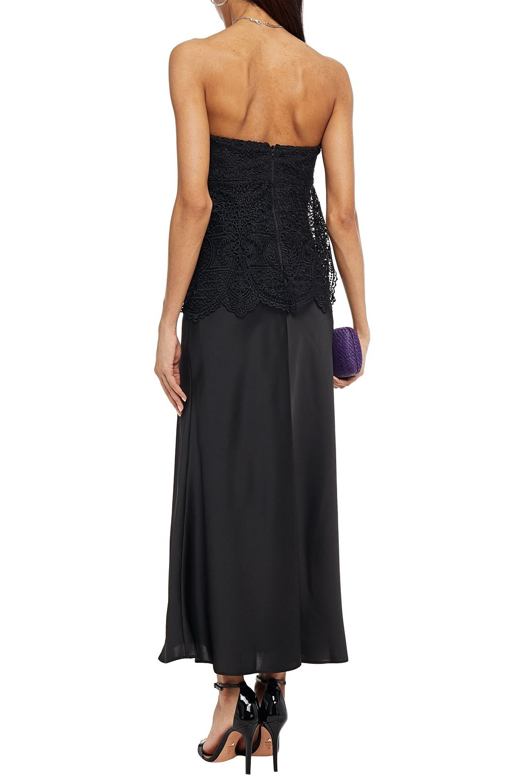 SELF-PORTRAIT Trägerloses Maxikleid mit Einsätzen aus Satin und Guipure-Spitze