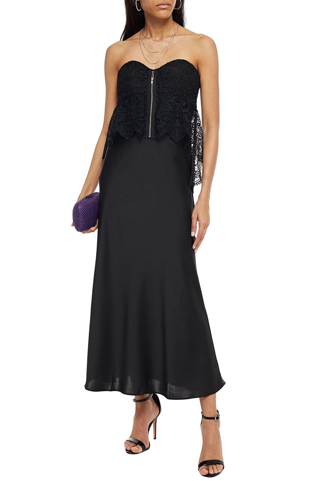 SELF-PORTRAIT Trägerloses Maxikleid mit Einsätzen aus Satin und Guipure-Spitze