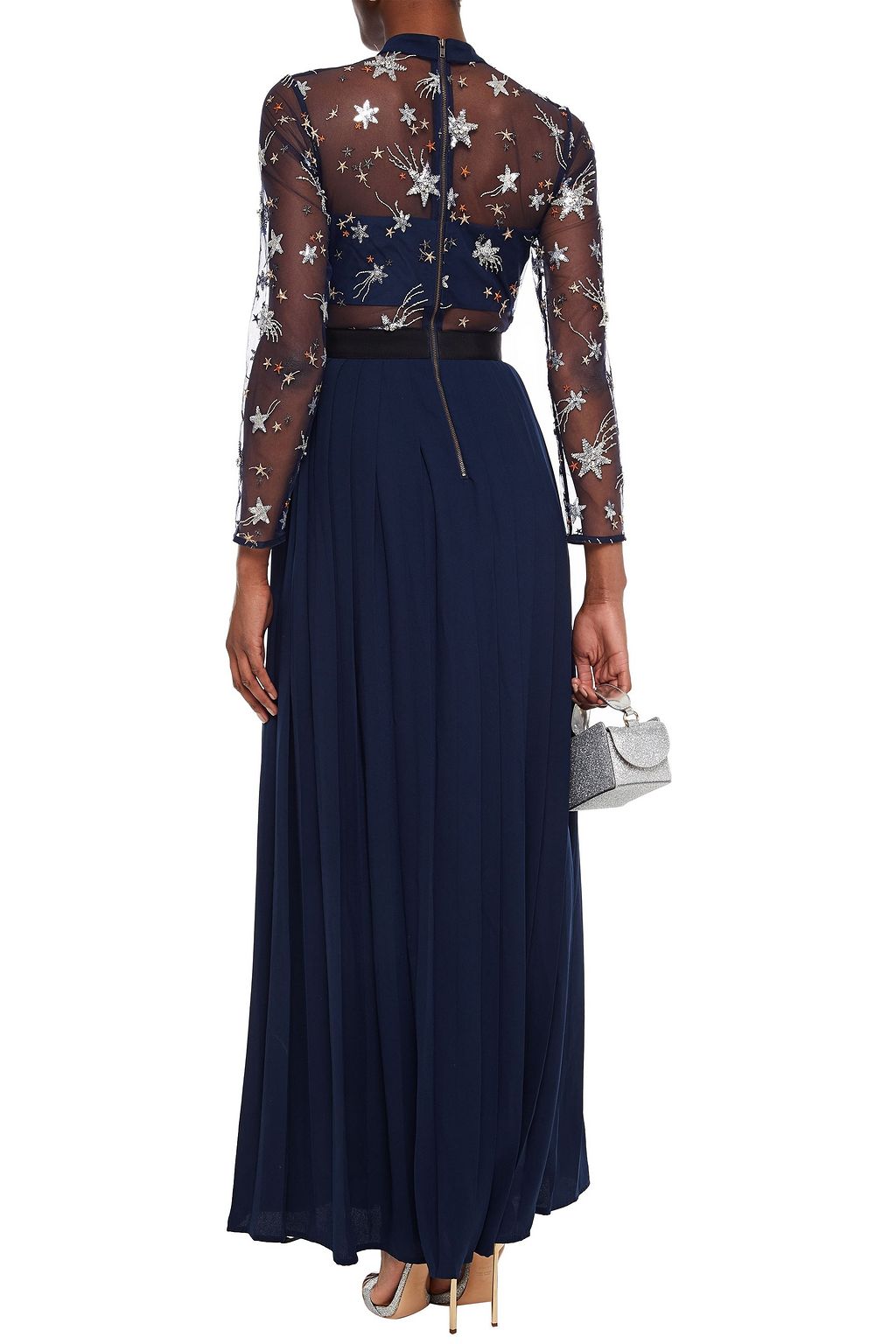 SELF-PORTRAIT Embellished tulle-paneled pleated crepe gown