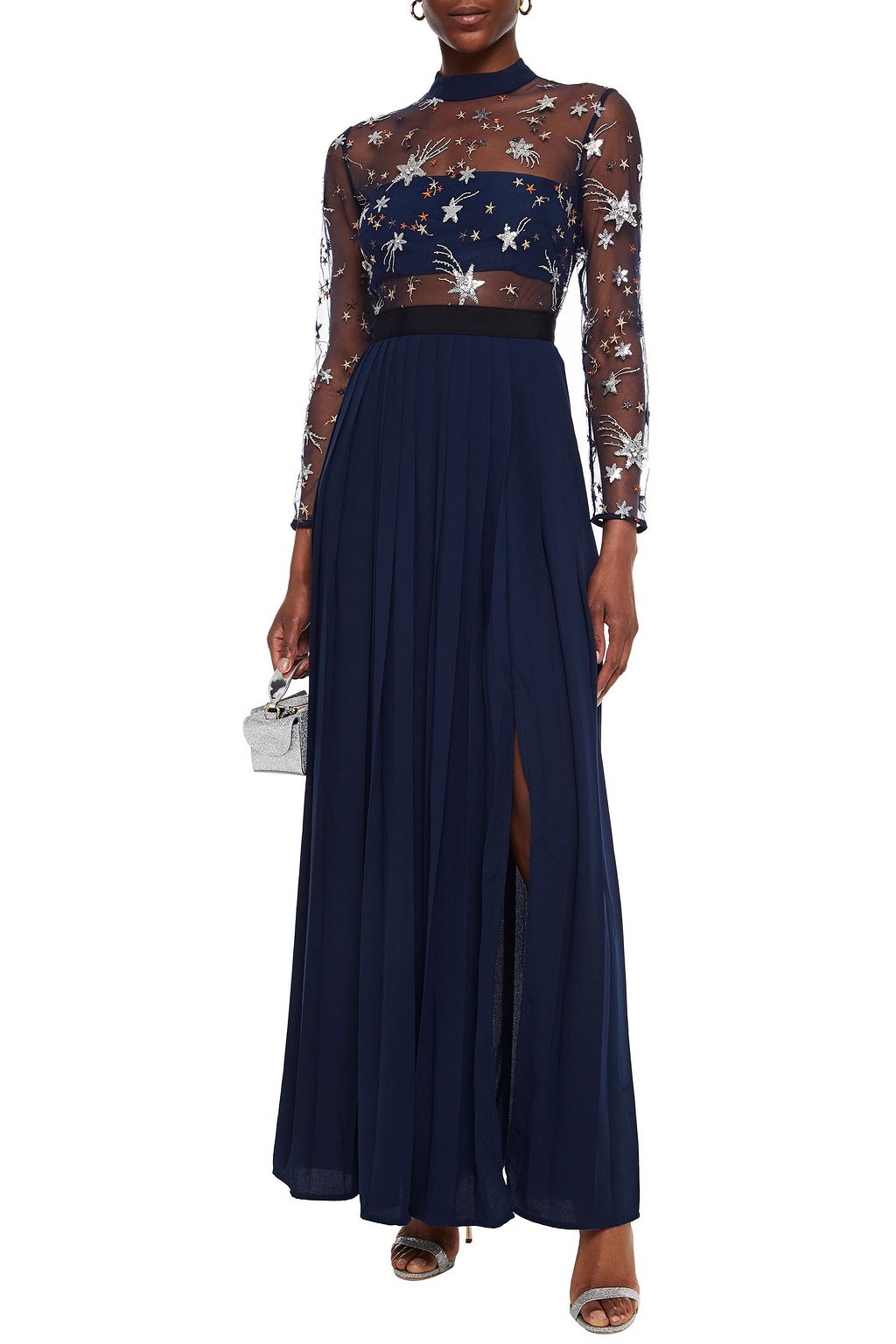SELF-PORTRAIT Embellished tulle-paneled pleated crepe gown