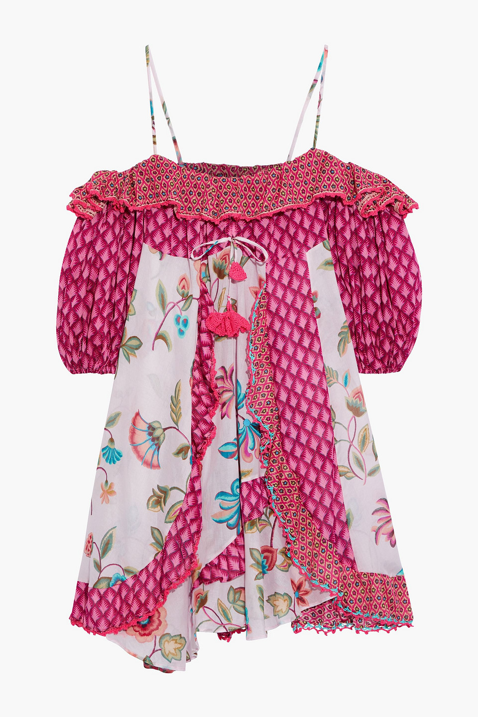 Lucy cold-shoulder ruffled patchwork printed cotton-voile mini dress
