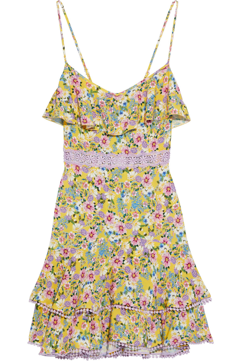 Charo Ruiz Ibiza Woman Milly Crocheted Lace-trimmed Ruffled Floral-print Voile Mini Dress Yellow Size XS