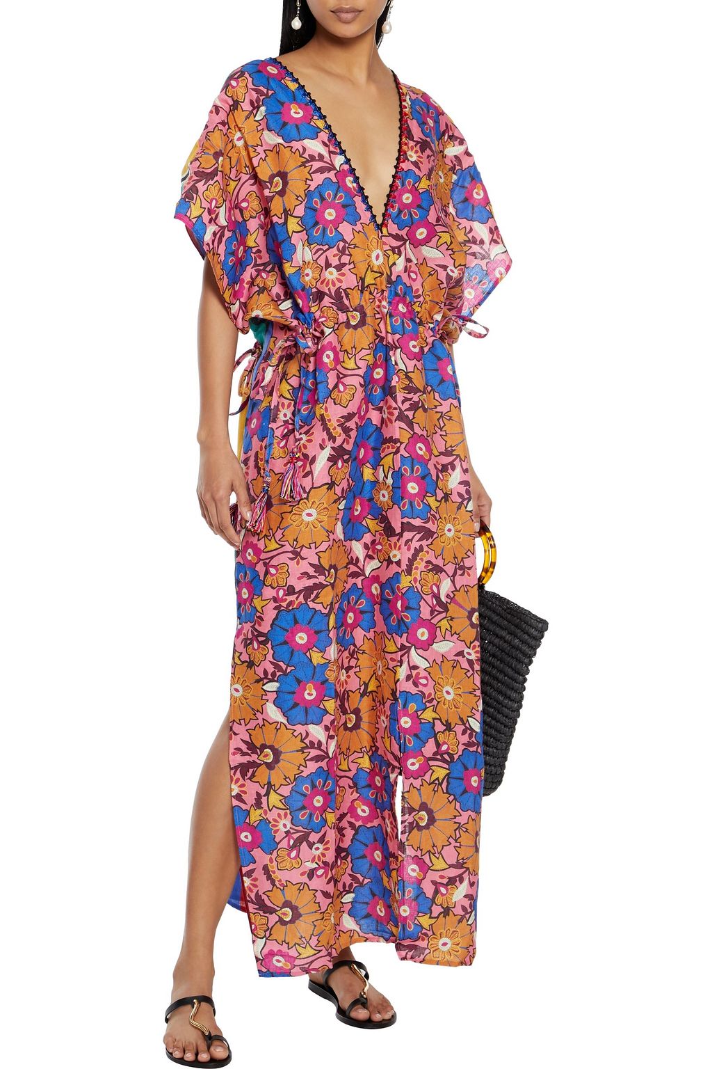 ANJUNA Ariella paneled printed linen kaftan