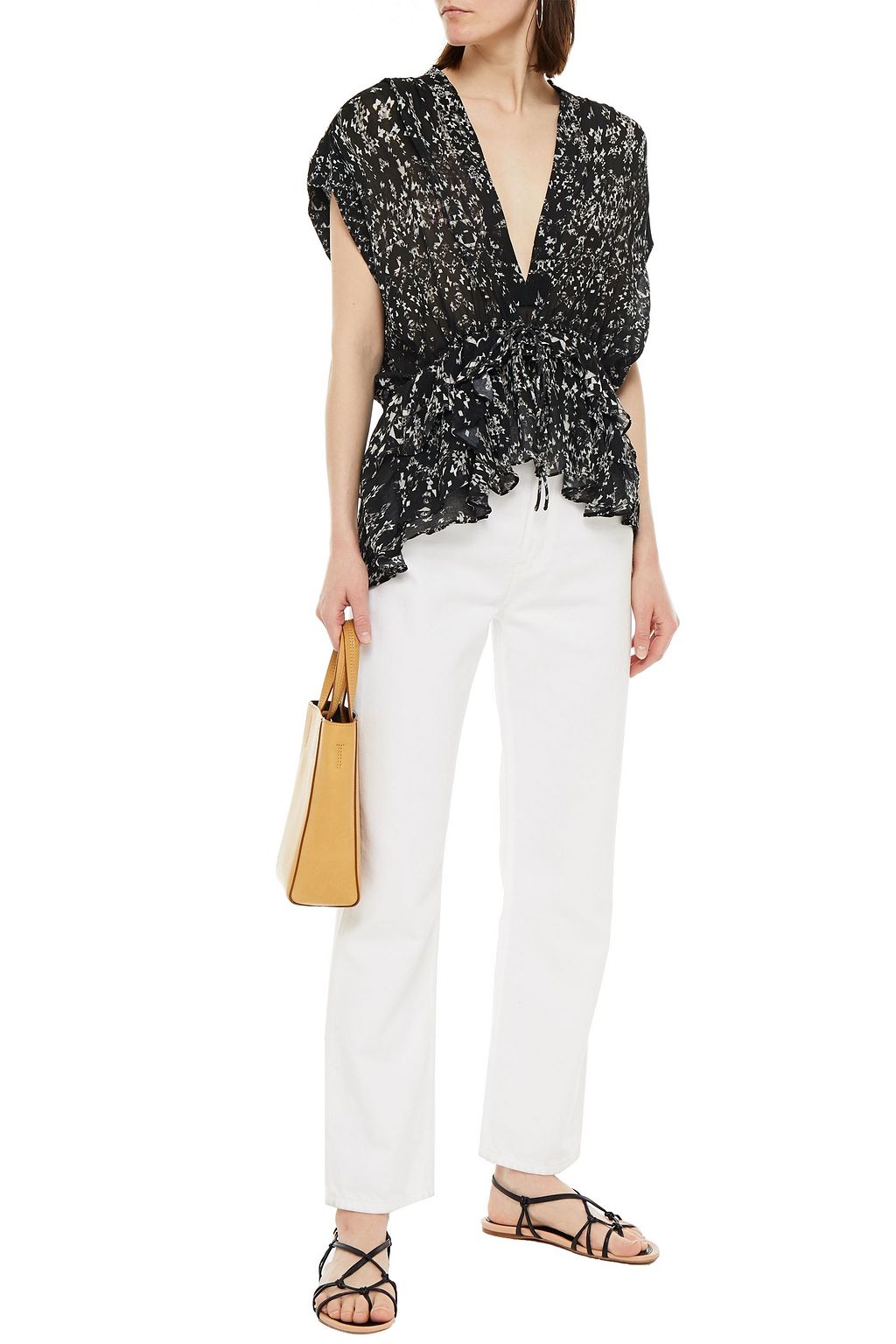 IRO Ruffled gathered printed crepe top