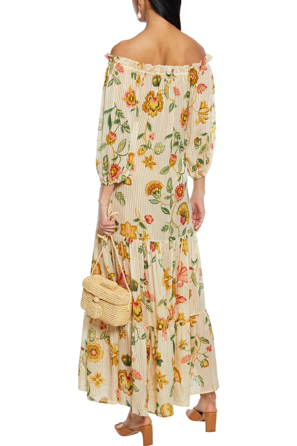 ANJUNA Lavinia off-the-shoulder floral-print burnout metallic silk-blend maxi dress