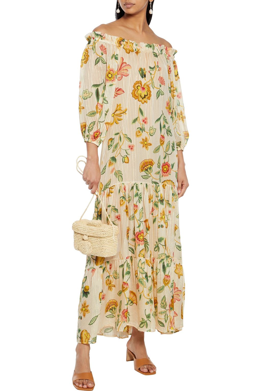 ANJUNA Lavinia off-the-shoulder floral-print burnout metallic silk-blend maxi dress