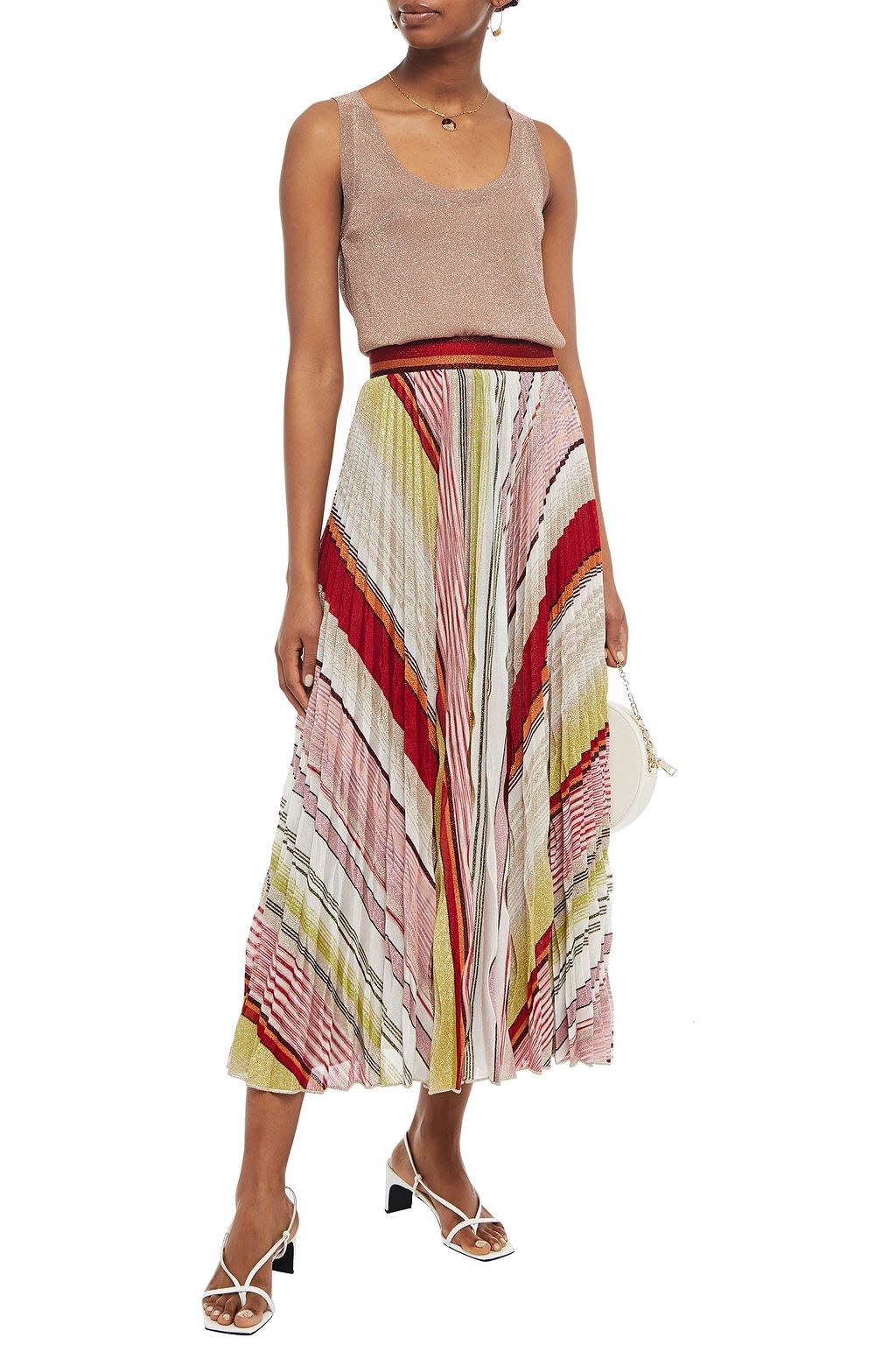 MISSONI Pleated metallic crochet-knit midi skirt