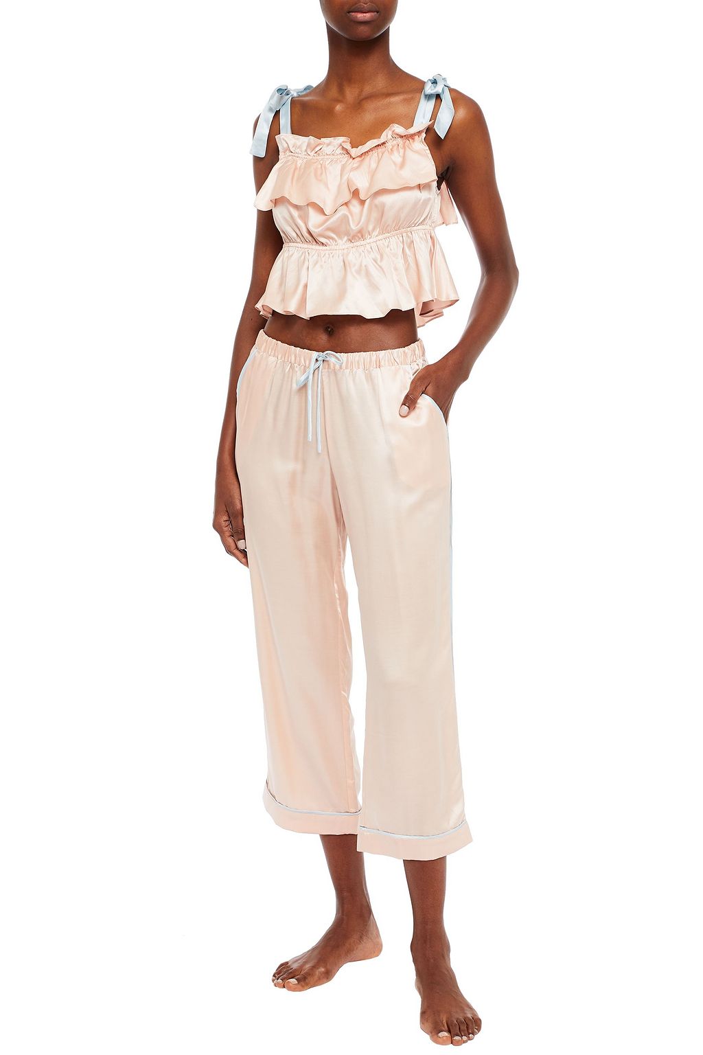 MORGAN LANE Cici cropped ruffled satin pajama top