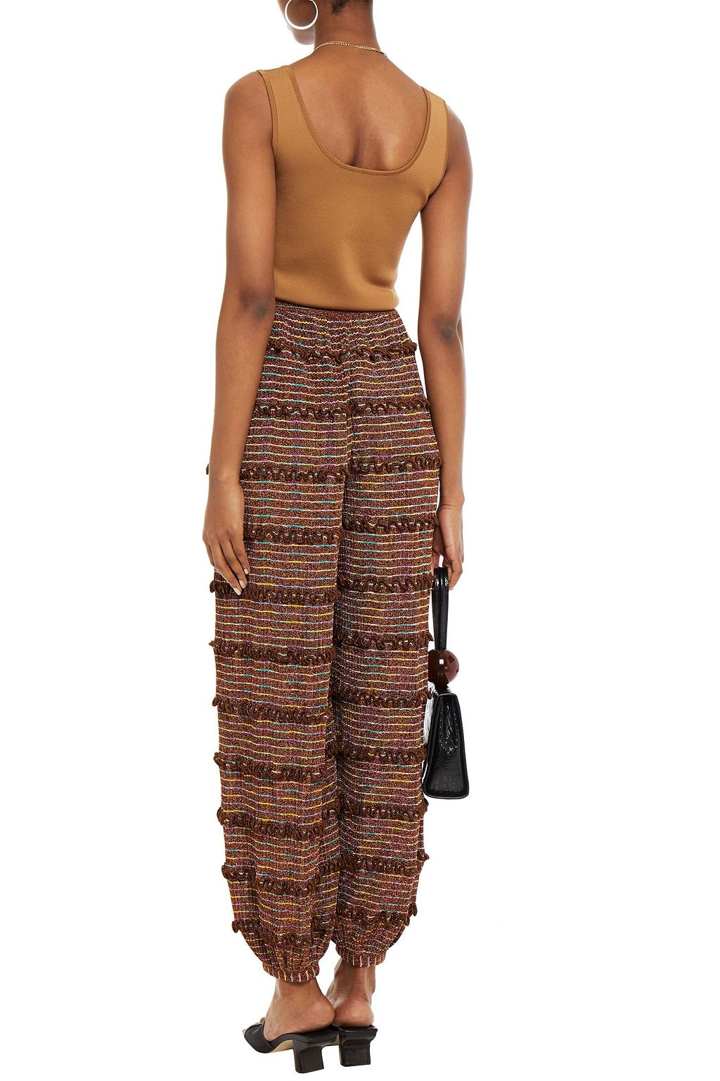 MISSONI Ruffled metallic striped crochet-knit tapered pants
