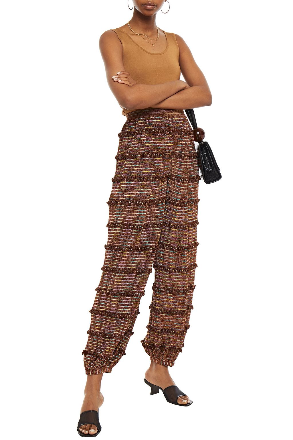 MISSONI Ruffled metallic striped crochet-knit tapered pants
