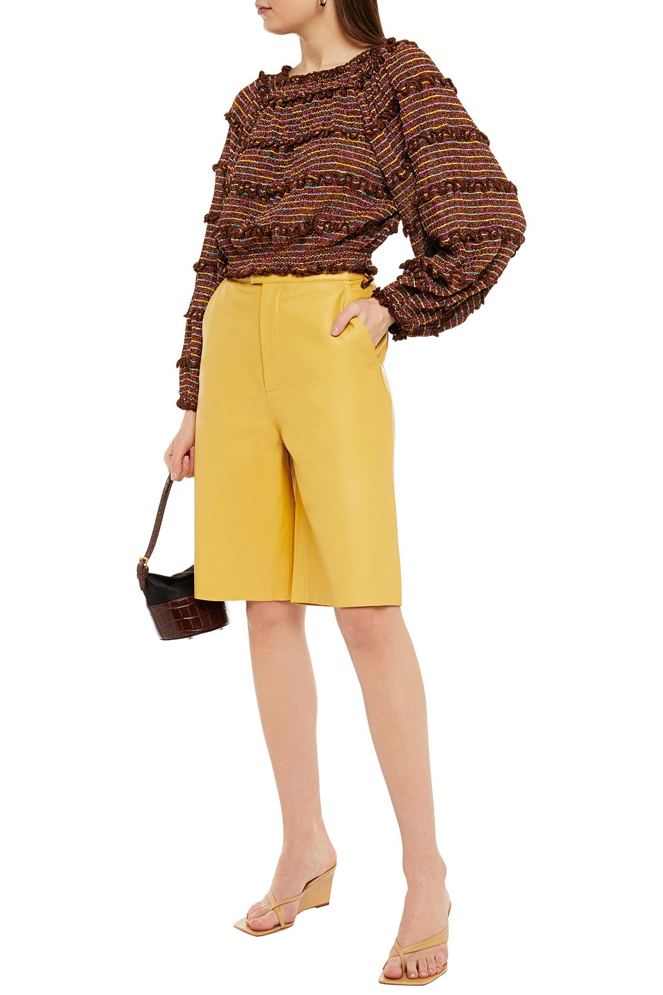 Missoni Off-the-shoulder Ruffled Metallic Crochet-knit Top In Bronze
