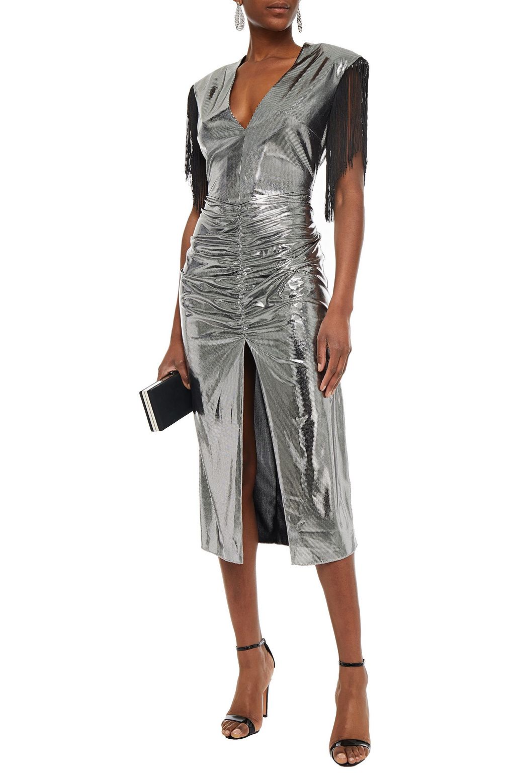 ROTATE BIRGER CHRISTENSEN Gabrielle ruched fringed-trimmed lamé midi dress