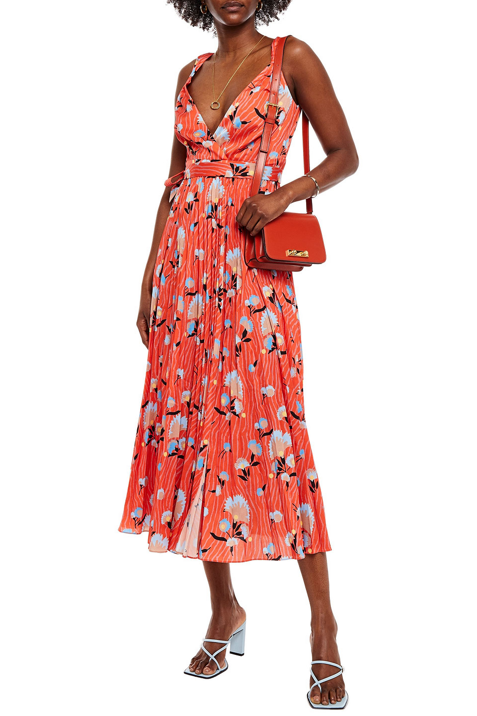 Self-portrait Pleated Printed Satin-crepe Midi Wrap Dress In Orange