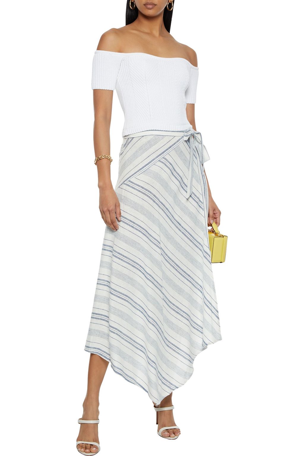 DKNY Asymmetric striped cotton and linen-blend midi skirt