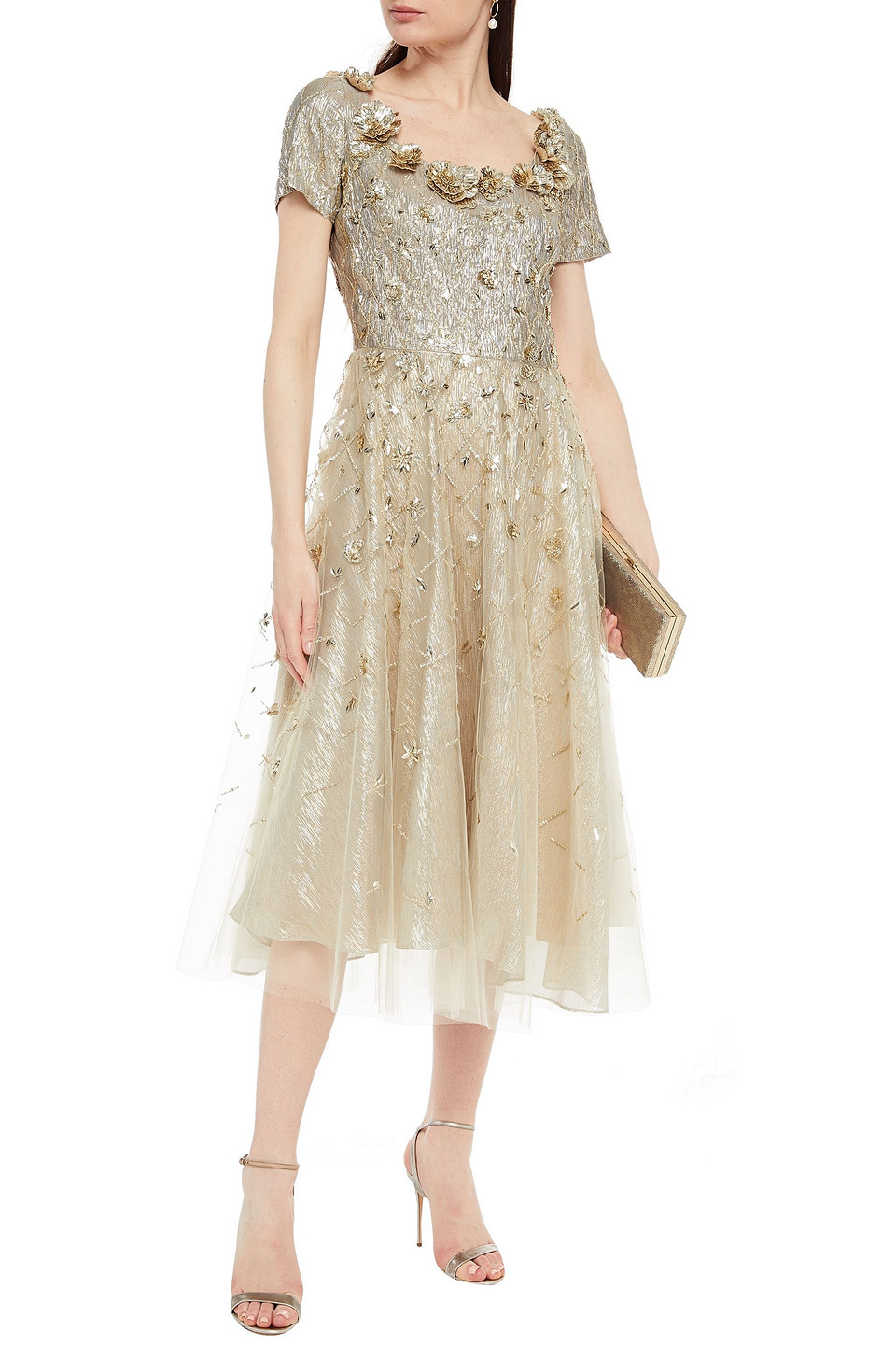 Oscar De La Renta Embellished Lamé-paneled Tulle Midi Dress In Platinum