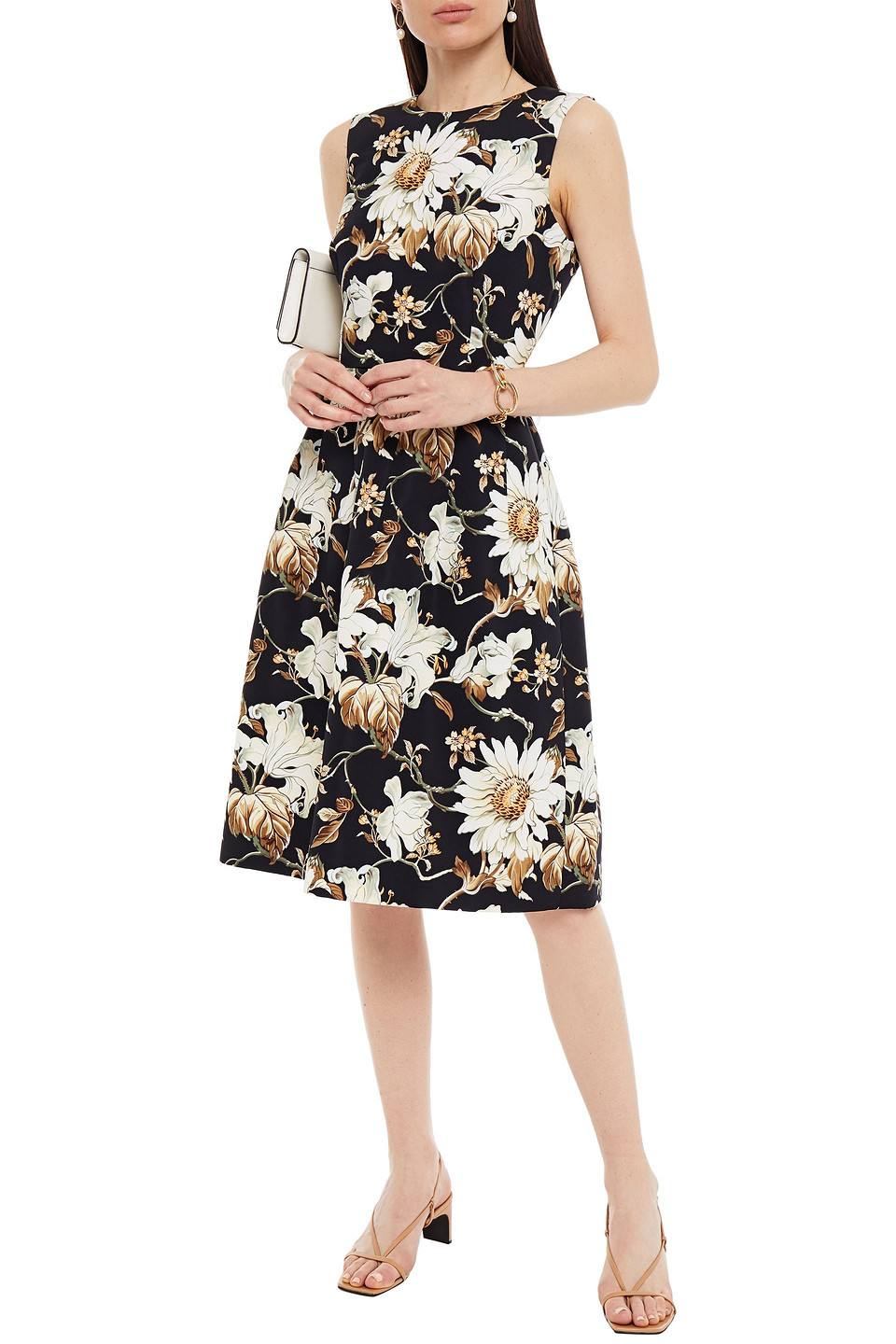 Oscar De La Renta Pleated Floral-print Faille Dress In Black