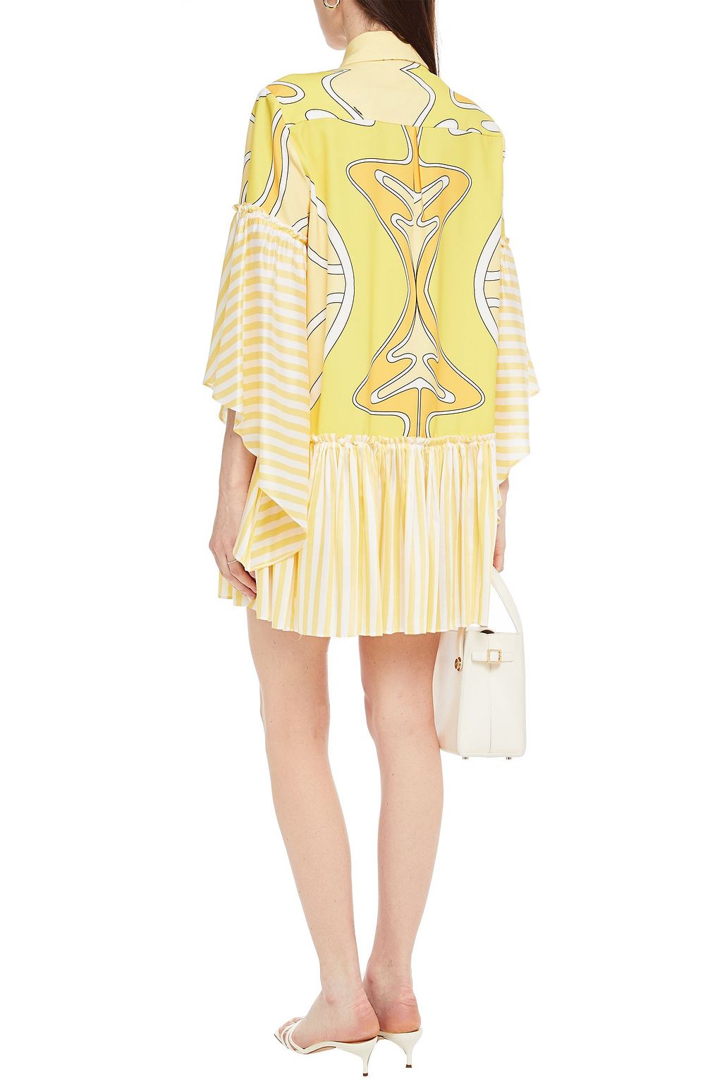 SARA BATTAGLIA Paneled printed crepe de chine and voile mini shirt dress