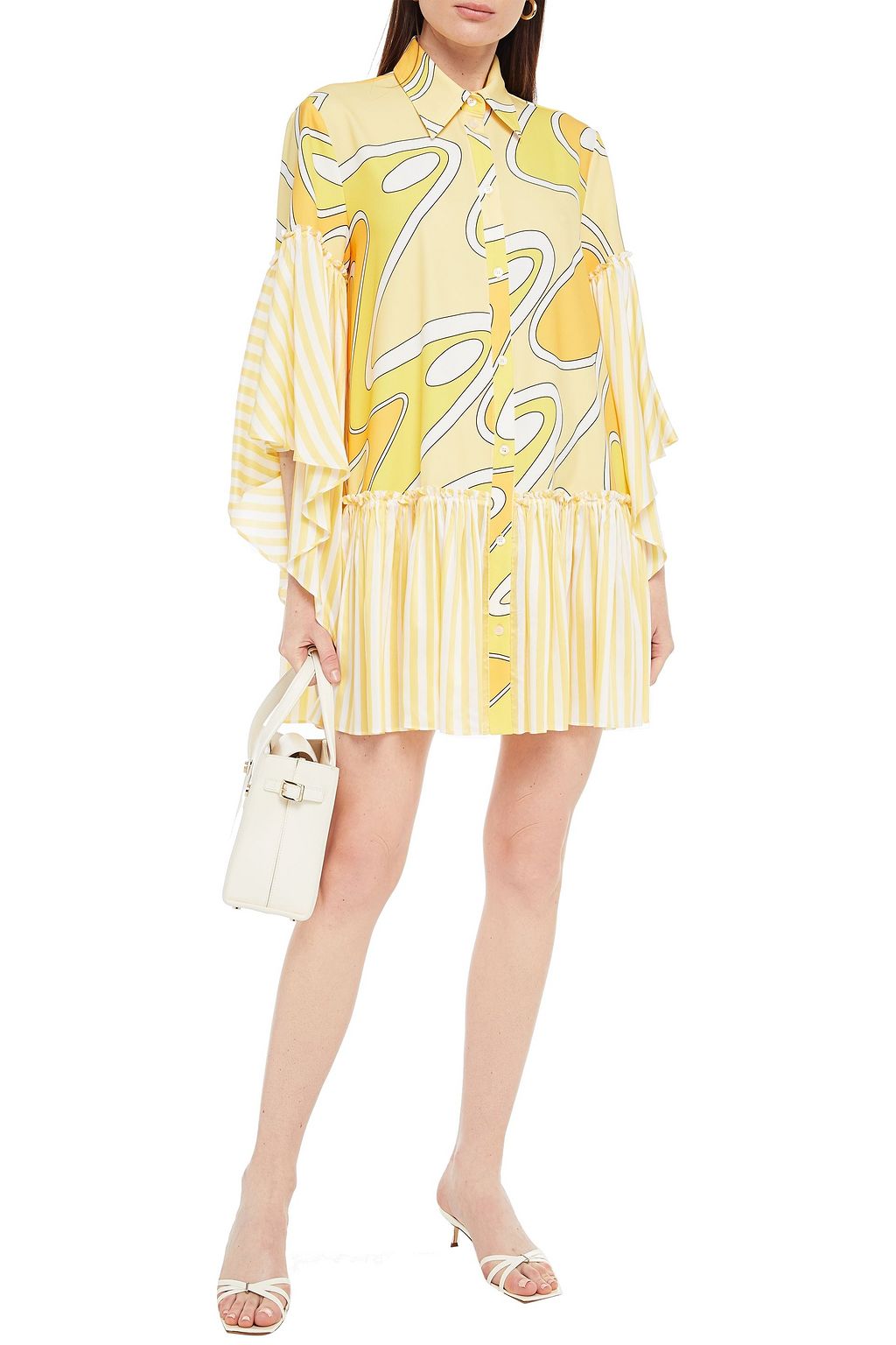 SARA BATTAGLIA Paneled printed crepe de chine and voile mini shirt dress
