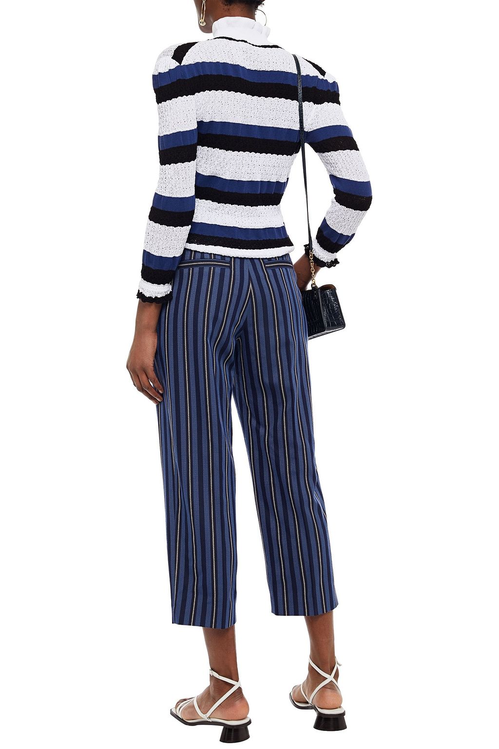 CHLOÉ Ruffle-trimmed striped crochet-knit cotton-blend sweater