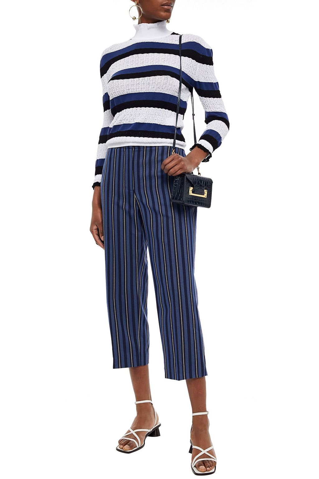 CHLOÉ Ruffle-trimmed striped crochet-knit cotton-blend sweater