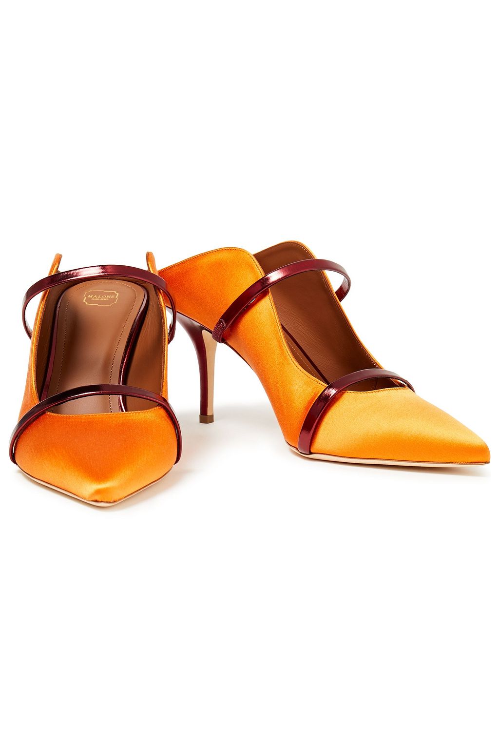 MALONE SOULIERS Maureen 70 metallic leather-trimmed satin mules