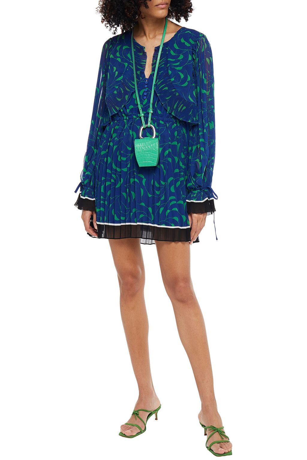 SELF-PORTRAIT Gathered pleated printed chiffon mini dress