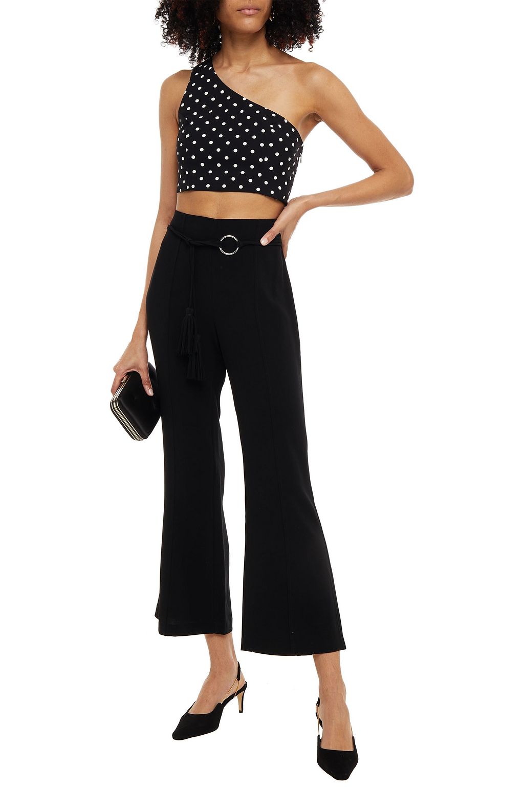 CINQ À SEPT One-shoulder cropped polka-dot twill top