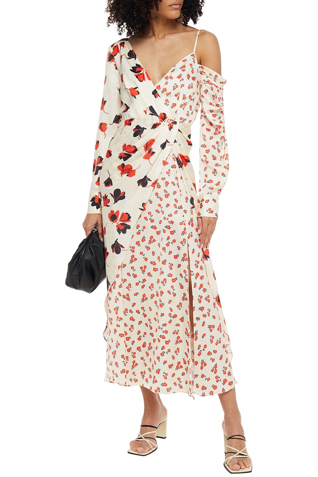 SELF-PORTRAIT Cold-shoulder wrap-effect floral-print satin-jacquard maxi dress