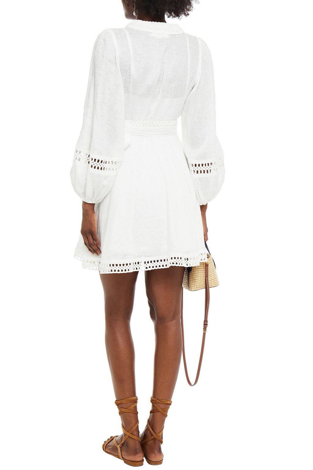 ZIMMERMANN Guipure lace-trimmed linen mini wrap dress
