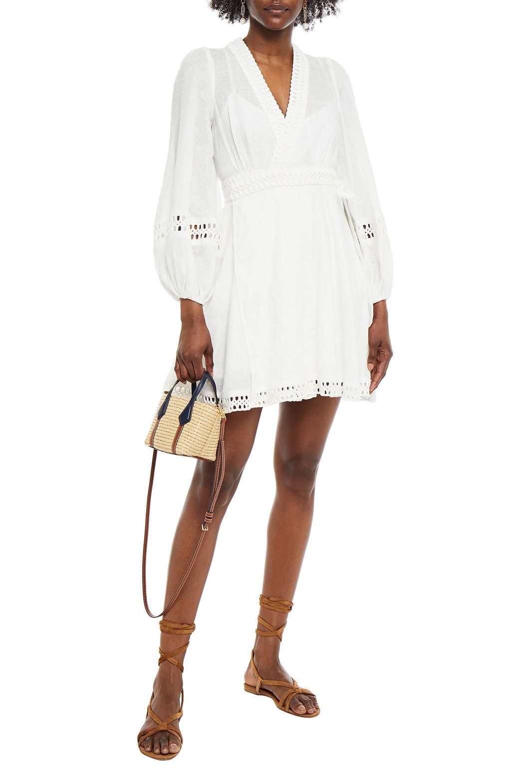 ZIMMERMANN Guipure lace-trimmed linen mini wrap dress