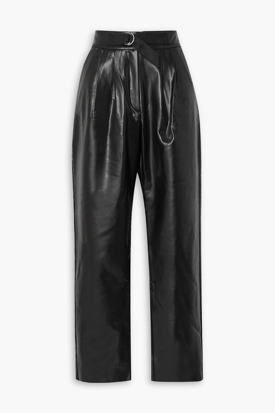 Belted pleated faux leather straight-leg pants