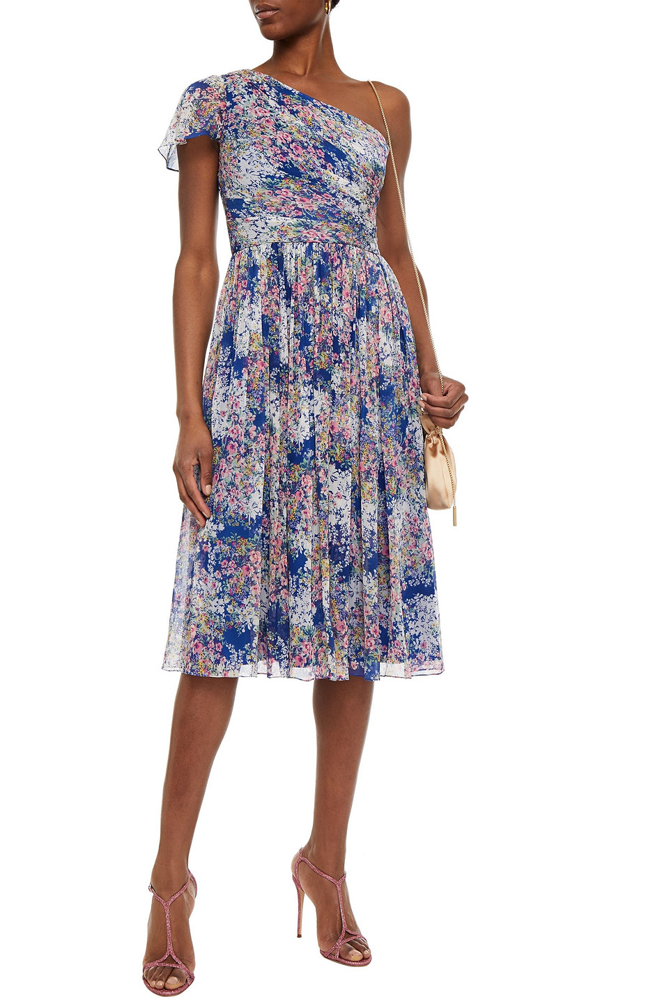 Mikael Aghal One-shoulder Pleated Floral-print Georgette Dress In Royal Blue