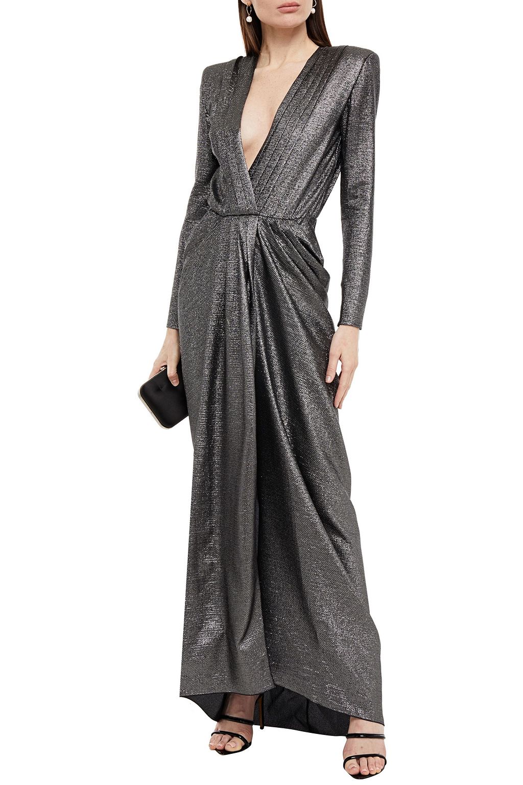 REDEMPTION Wrap-effect pleated metallic silk-blend gown