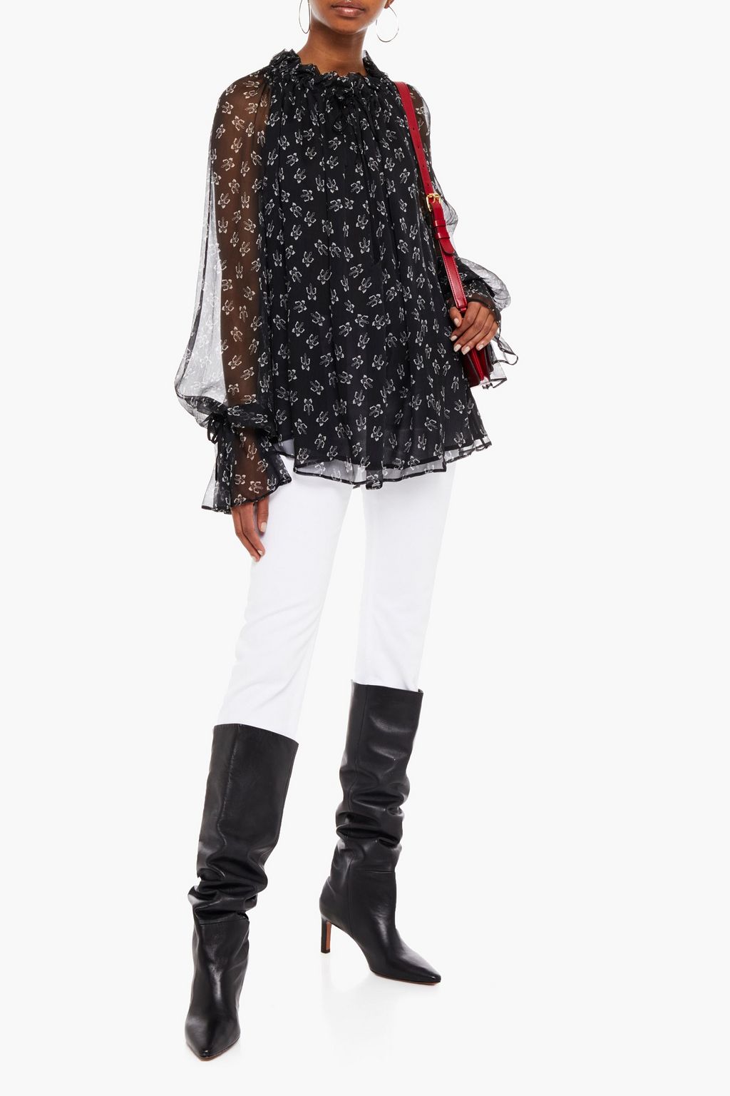 REDEMPTION Gathered printed silk-georgette blouse