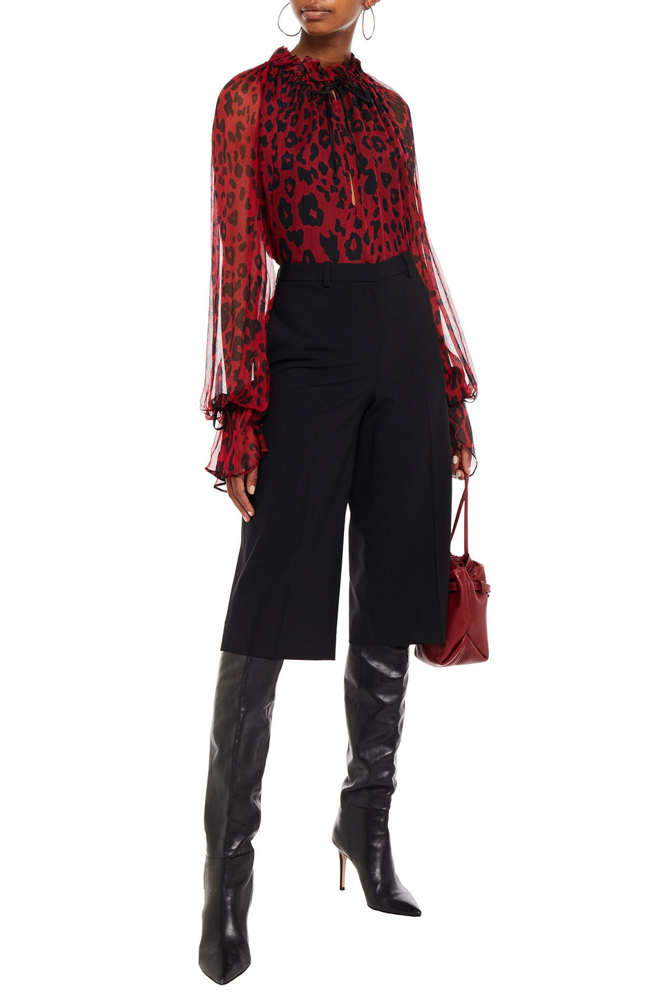Redemption Gathered Leopard-print Silk-crepon Blouse In Claret