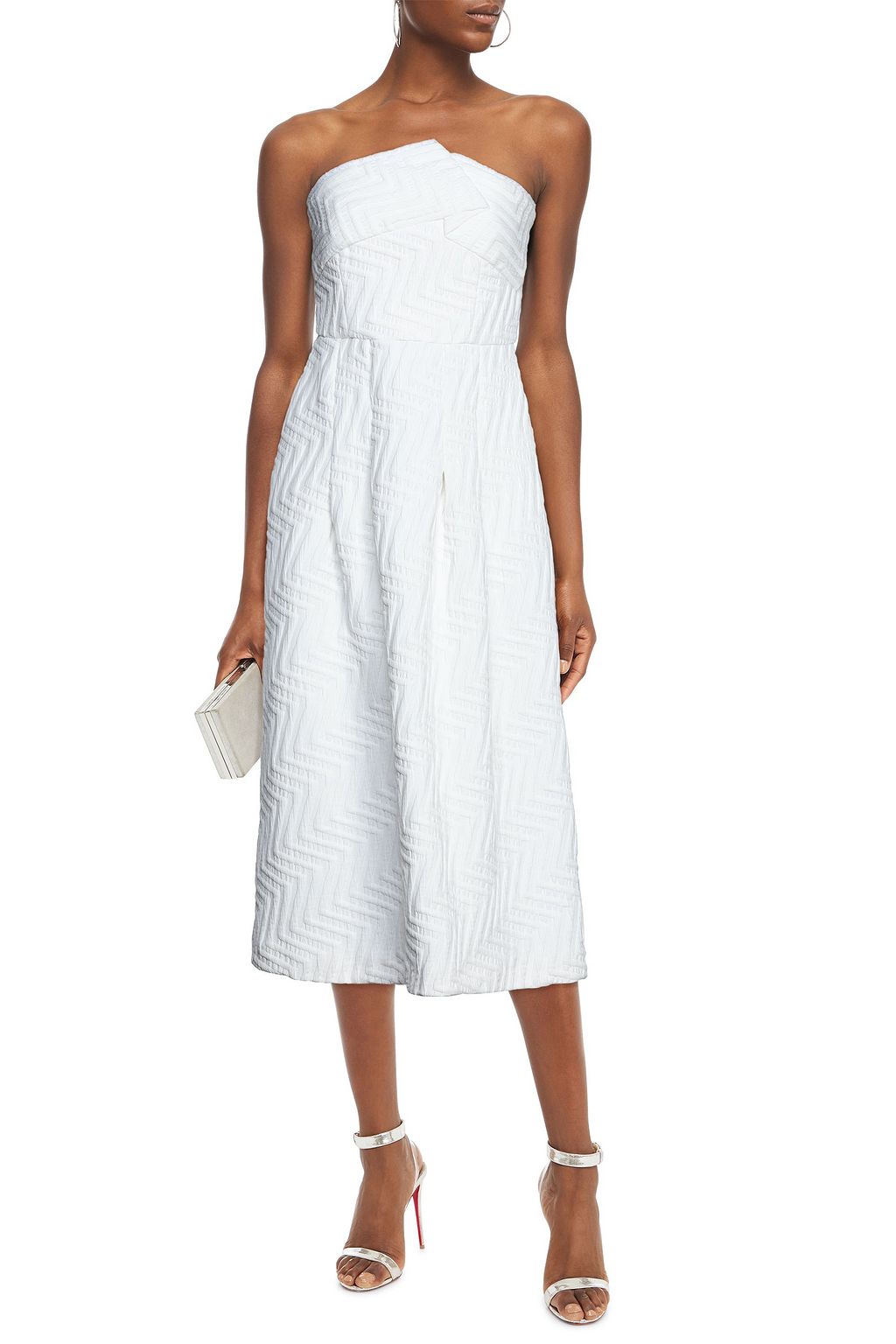 ROLAND MOURET Saranda strapless pleated jacquard midi dress