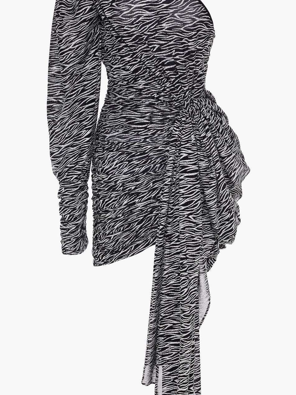 one-shoulder gathered glittered mesh mini dress