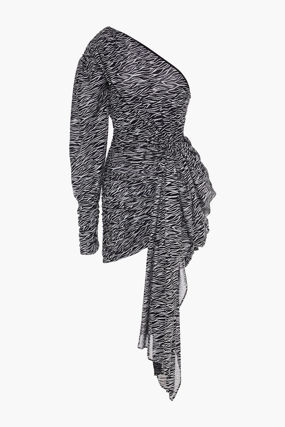 One-shoulder gathered glittered mesh mini dress