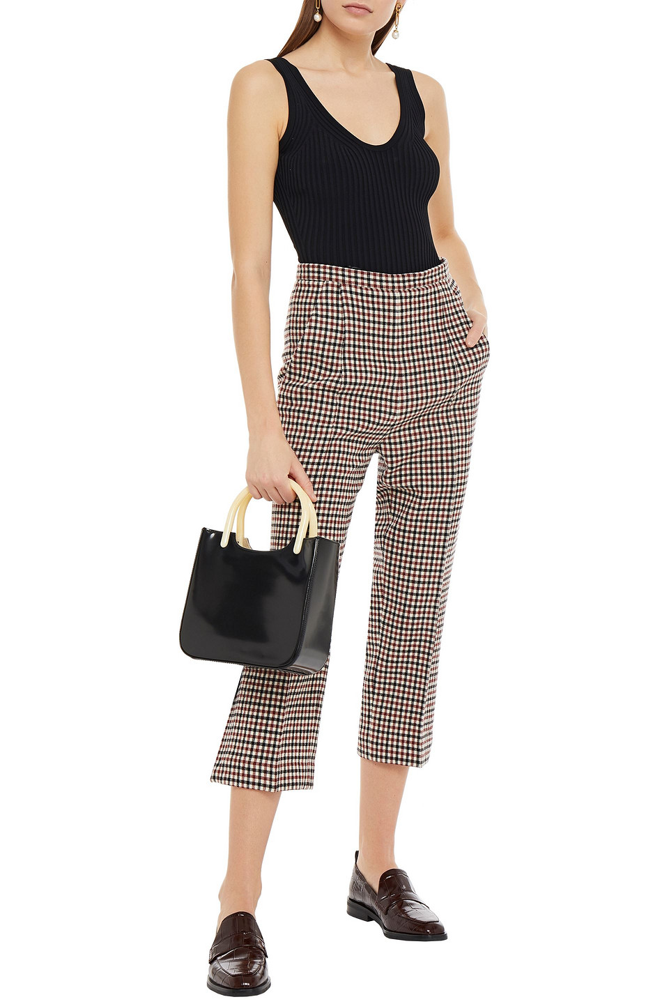 Khaite Bridget Cropped Gingham Wool-blend Straight-leg Trousers In Claret