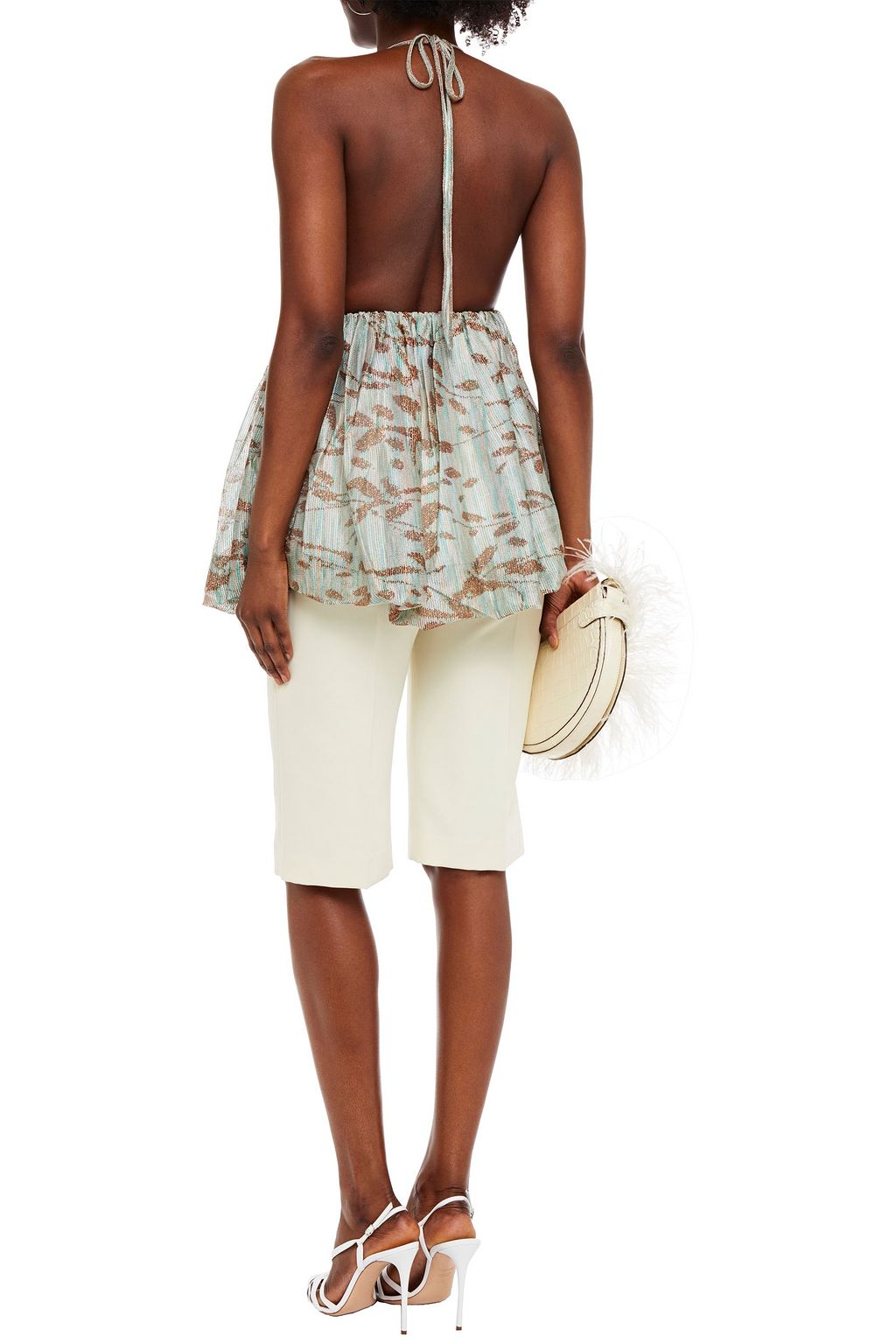 MISSONI Flared metallic crochet-knit halterneck mini dress