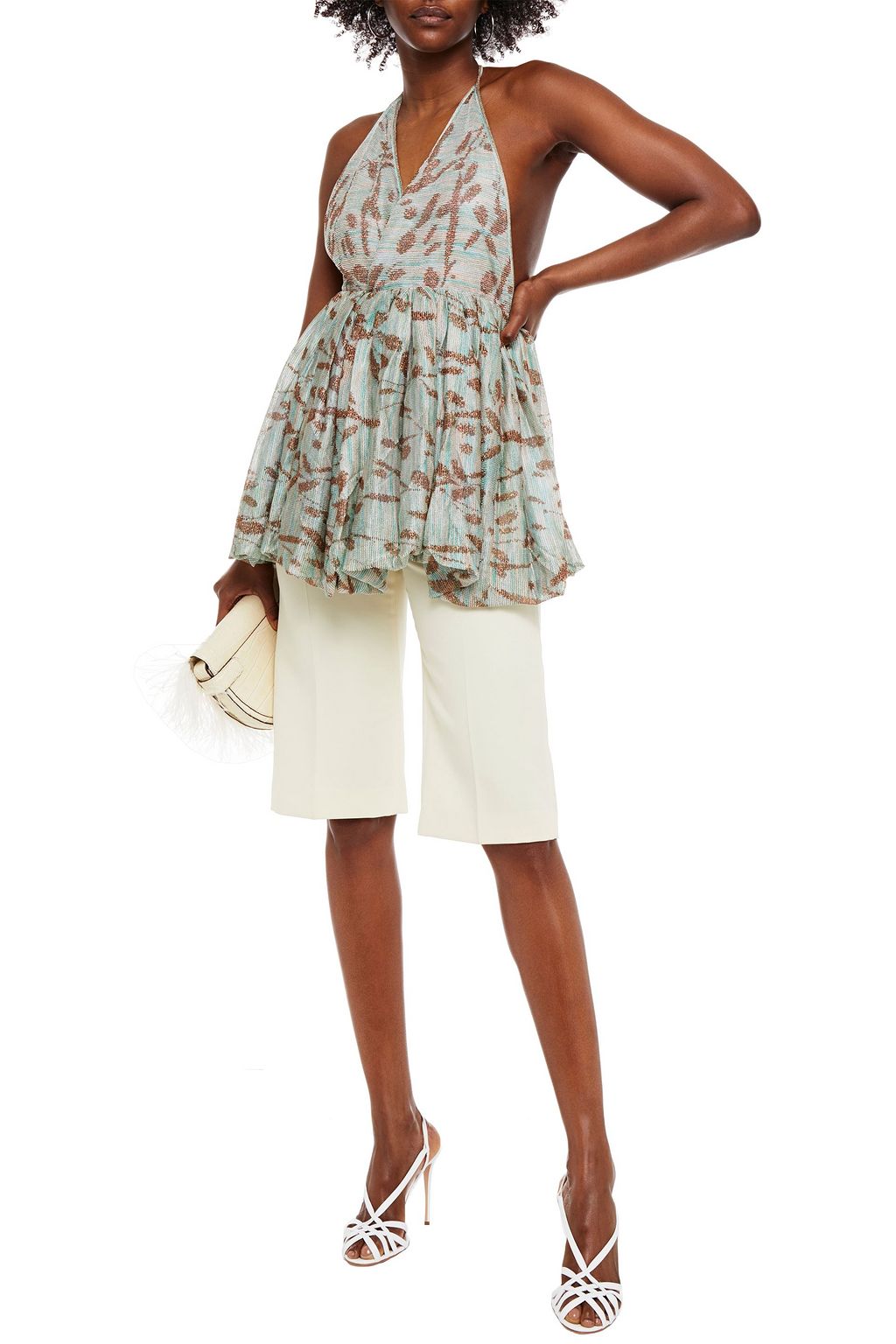 MISSONI Flared metallic crochet-knit halterneck mini dress
