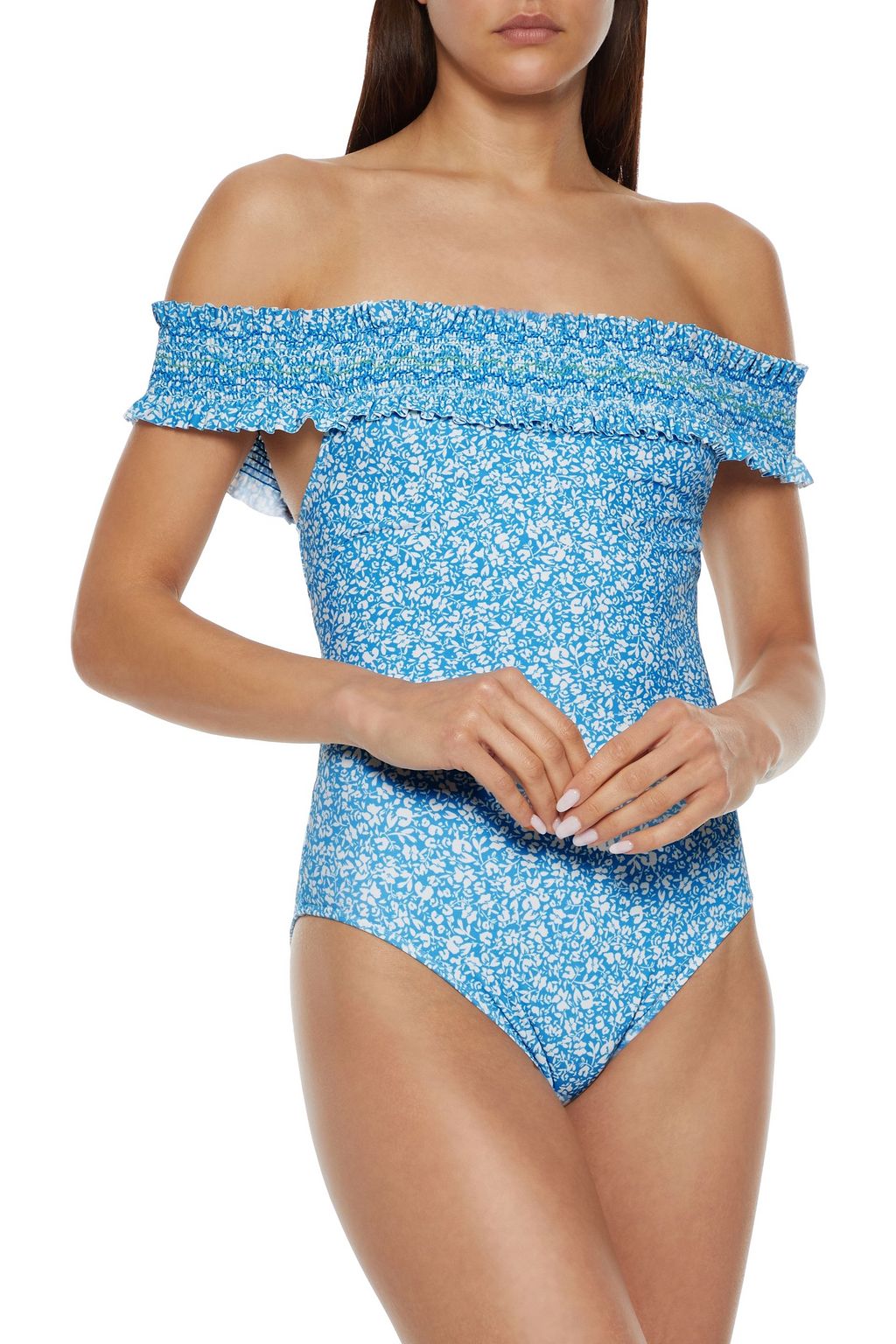 SIMKHAI Coraline cold-shoulder shirred floral-print swimsuit